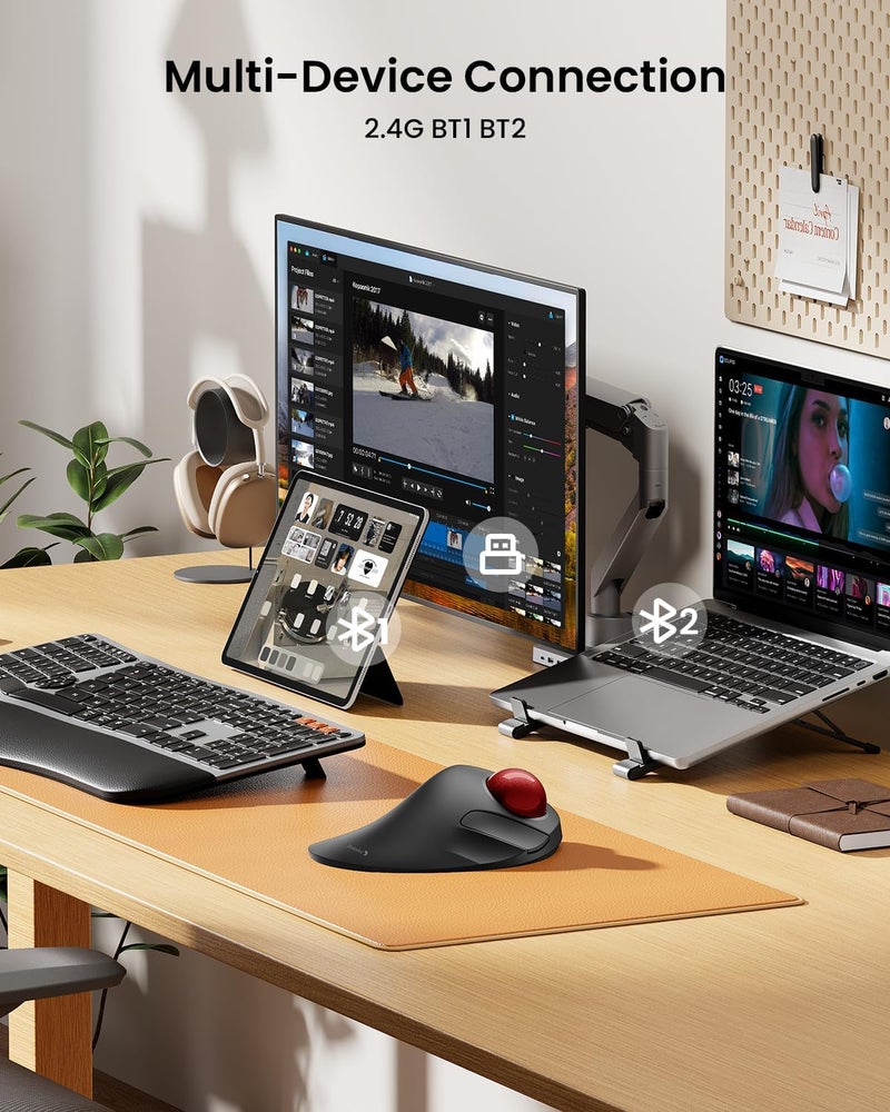 ProtoArc Wireless Bluetooth Trackball Mouse, EM03 NL Ergonomic Rollerball Mouse Rechargeable Computer Mice, 3 Device Connection, Compatible with PC, iPad, Mac, Windows-Red Ball - Image 5